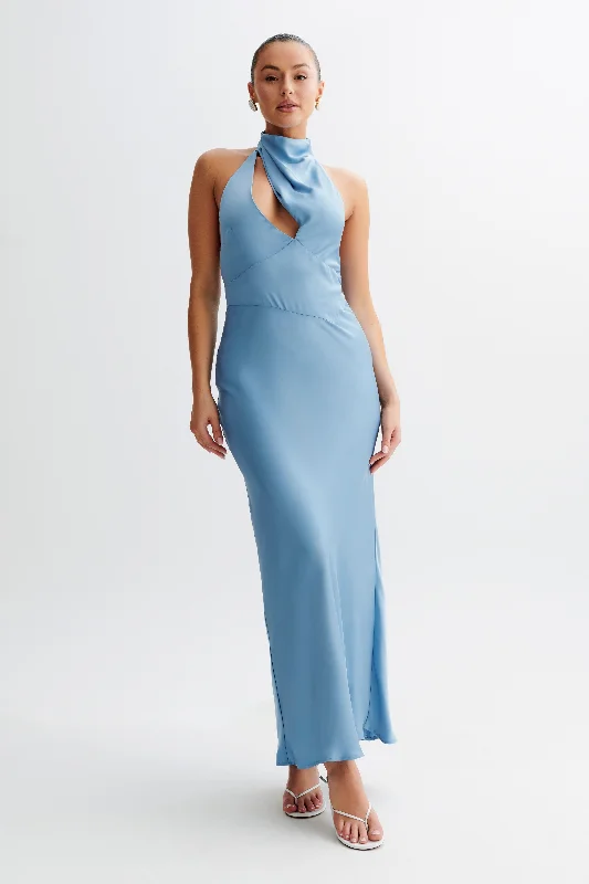 Chic And Trendy Belladonna Satin Halter Maxi Dress - Iris Blue