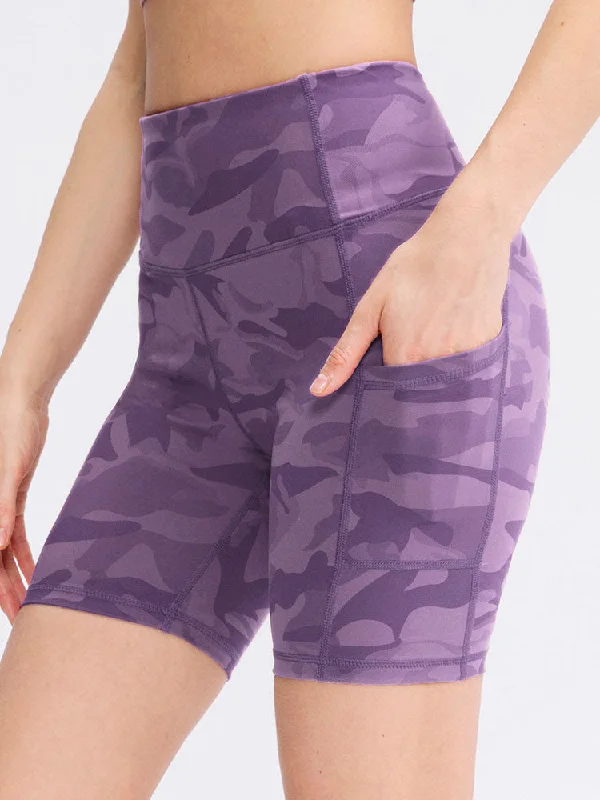 Women's Chic Outerwear Outfit Pocket Stretch Quick-dry Purple Camouflage Yoga Shorts